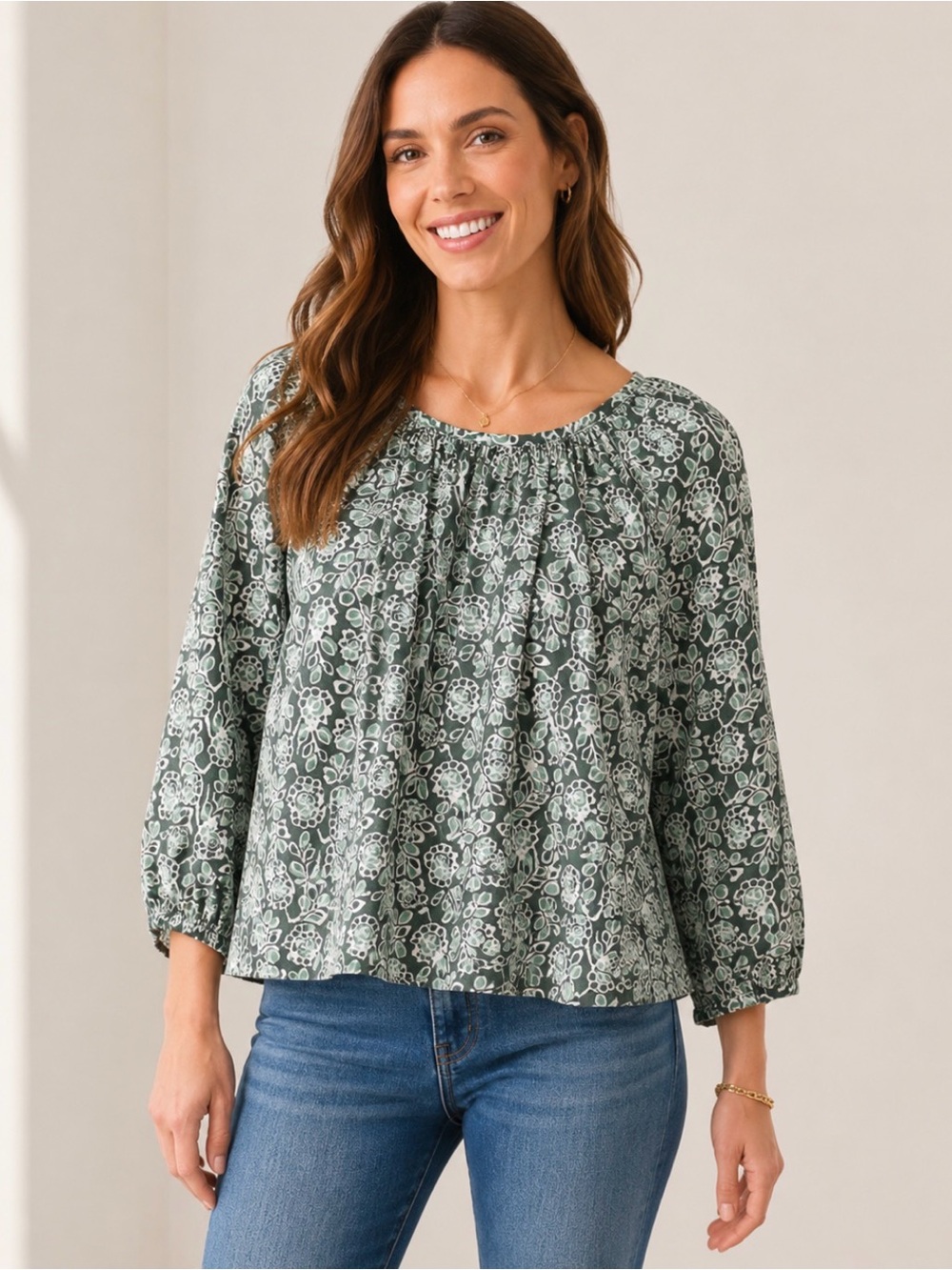 J.Crew Green Floral Print Peasant Blouse Top M Cotton Stretch Boho Cottagecore